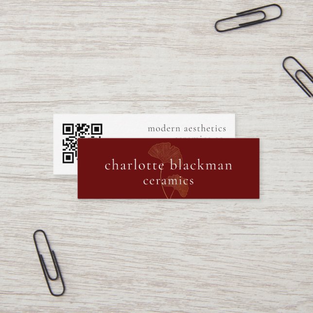 Modern Gingko Leaf QR Code Mini Red Business Card (Front/Back In Situ)