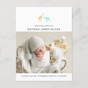 Modern Giraffe Elephant Photos Birth Announcement Postcard