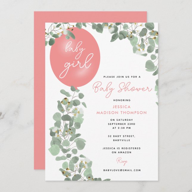 Modern Girl Eucalyptus Pink Balloon Baby Shower Invitation (Front/Back)