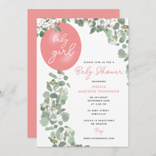 Modern Girl Eucalyptus Pink Balloon Baby Shower Invitation