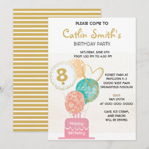 Modern Girl Gold Balloons Kids Birthday Party Invitation