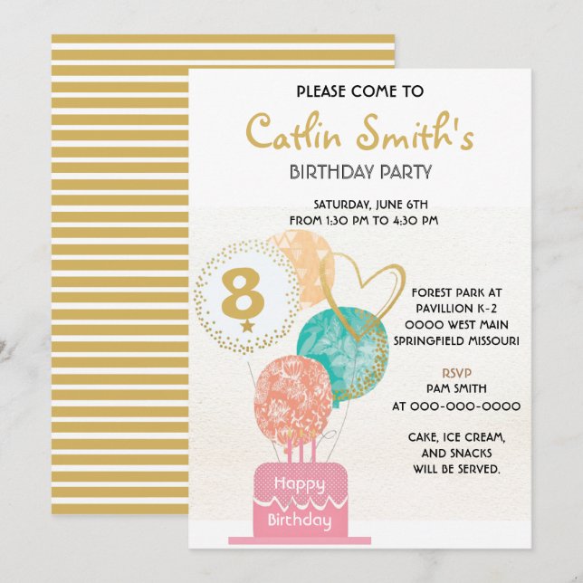 Modern Girl Gold Balloons Kids Birthday Party Invitation (Front/Back)