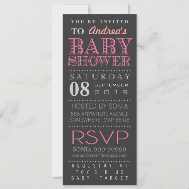 Modern Girl Pink Typography Baby Shower Long Invitation (Front)