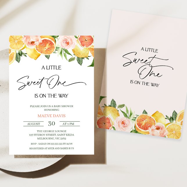Modern Girls Floral Citrus Sweet One Baby Shower Invitation (Little Sweet One Baby Shower Invitation, Floral Citrus Baby Shower Invitation Girl, Lemons Oranges)