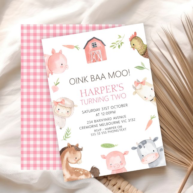 Modern Girls Minimalist Farm Themed Birthday Invitation (Minimalist Farm Birthday Invitation, Girls Pink Gingham Farmyard Barnyard Birthday Invite, Oink Baa)