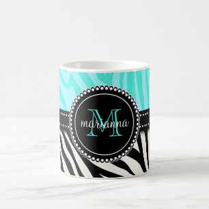 Modern Girly Black Aqua Zebra Print Personalised Coffee Mug