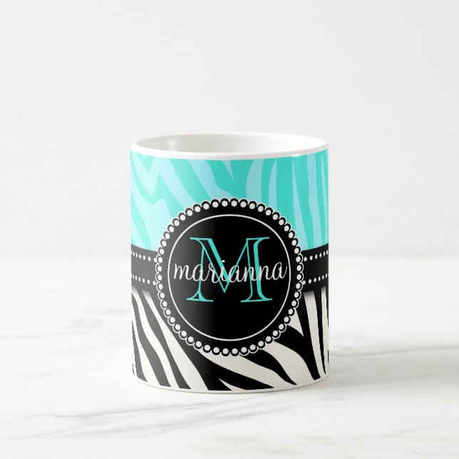 Modern Girly Black Aqua Zebra Print Personalised Coffee Mug (Center)