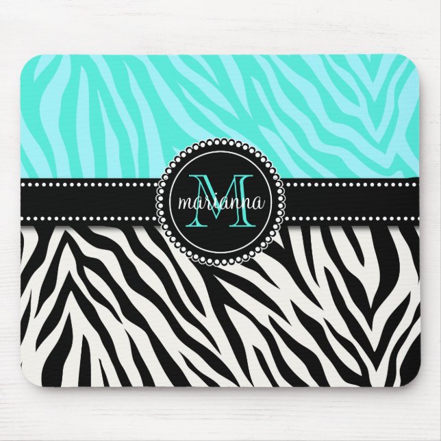 Modern Girly Black Aqua Zebra Print Personalised Mouse Pad (Front)