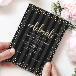 Modern girly black gold glitter script graduation invitation