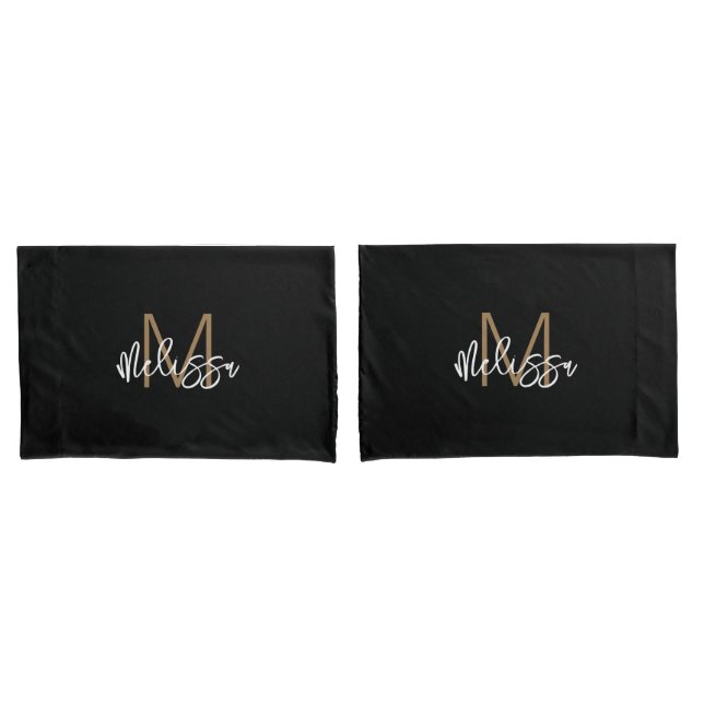 Modern Girly Black Gold Monogram Initial Name Chic Pillowcase (Front-Set)