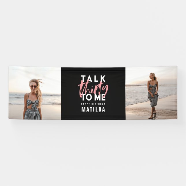 Modern girly black pink multi photo 30th birthday banner (Horizontal)