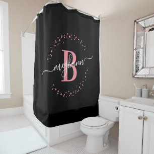 Modern Girly Black Pink Name Script Monogrammed  Shower Curtain