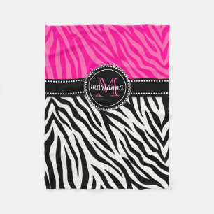Modern Girly Black Pink Zebra Print Personalised Fleece Blanket