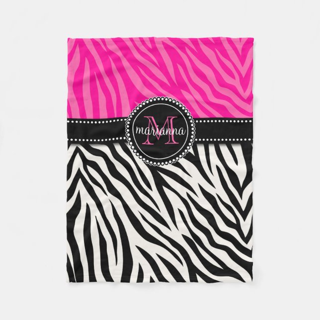 Modern Girly Black Pink Zebra Print Personalised Fleece Blanket (Front)