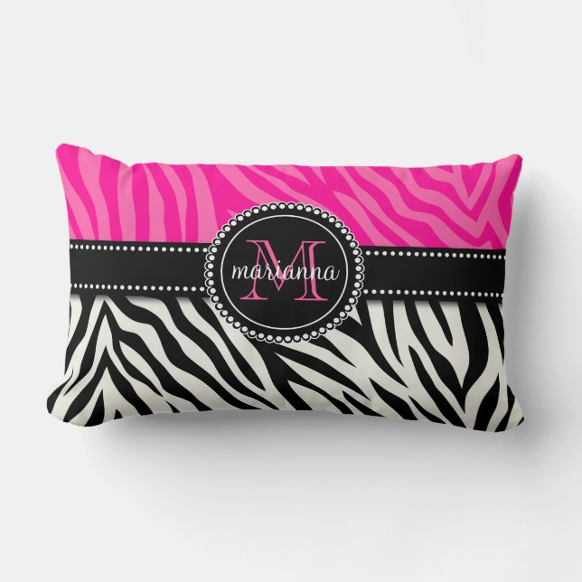 Modern Girly Black Pink Zebra Print Personalised Lumbar Cushion (Front)
