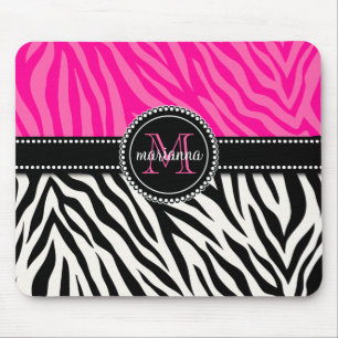 Modern Girly Black Pink Zebra Print Personalised Mouse Pad