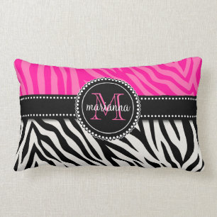 Modern Girly Black Pink Zebra Print Personalized Lumbar Cushion