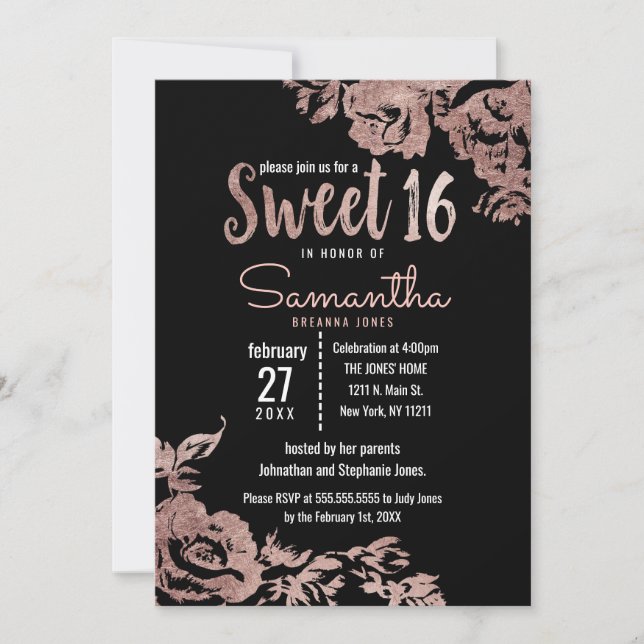 Modern Girly Black Rose Gold Floral Sweet 16 Invitation (Front)