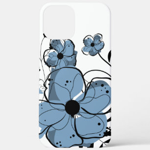 Modern Girly Blue and Black Flowers iPhone 12 Pro Max Case