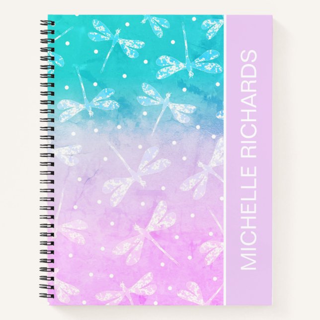 Modern girly blush pink aqua dragonflies name notebook (Front)