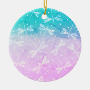Modern girly blush pink aqua ombre dragonflies ceramic ornament