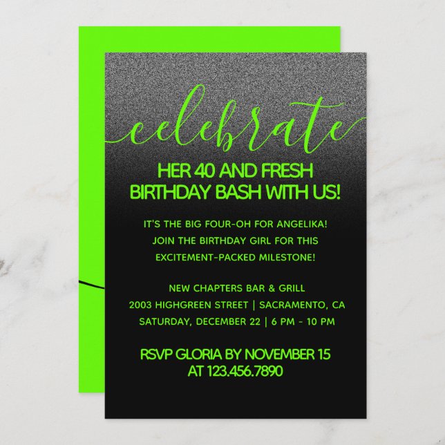 Modern Girly Bright Green 40 and Fresh Invitation (Front/Back)