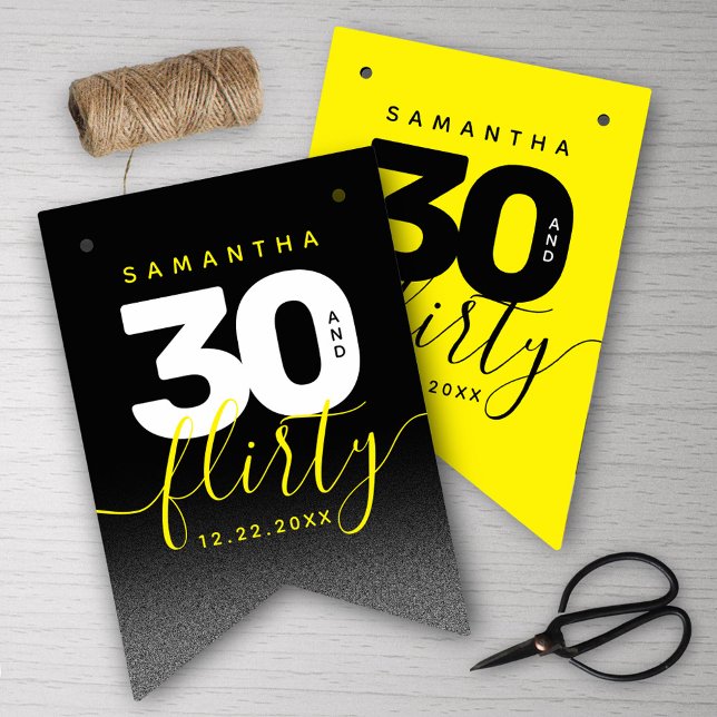 Modern Girly Bright Yellow 30 and Flirty Bunting (Girly Bright Yellow 30 and Flirty Her 30th Birthday Bunting Flags Cover Photo.)