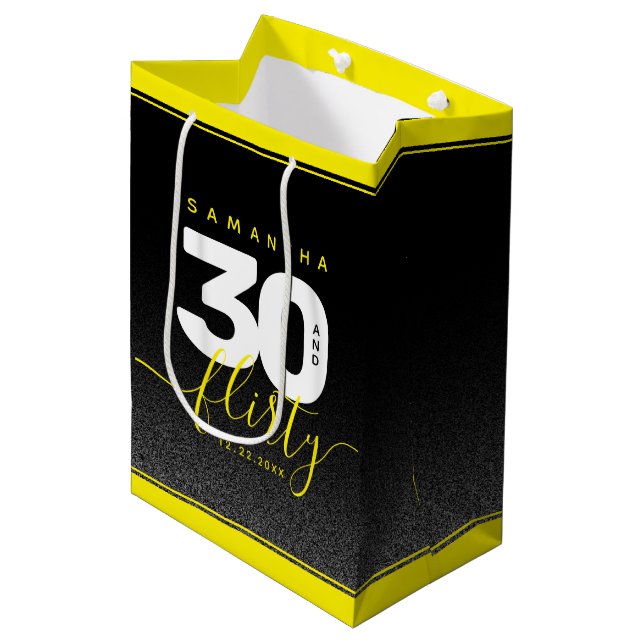 Modern Girly Bright Yellow 30 and Flirty Medium Gift Bag (Front Angled)