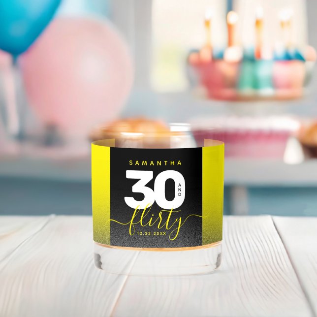 Modern Girly Bright Yellow 30 and Flirty Whiskey Glass (Insitu (Baby Shower))