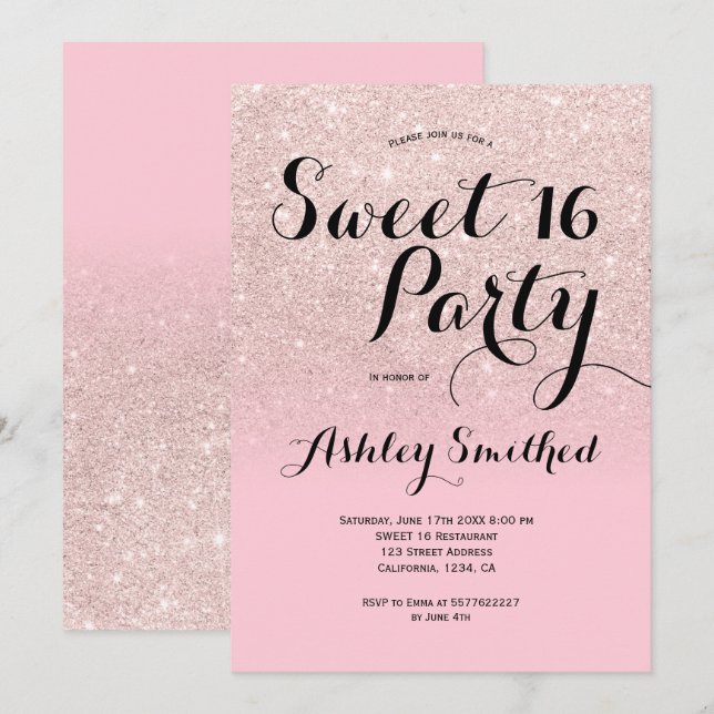 Modern girly candy pink glitter ombre Sweet 16 Invitation (Front/Back)
