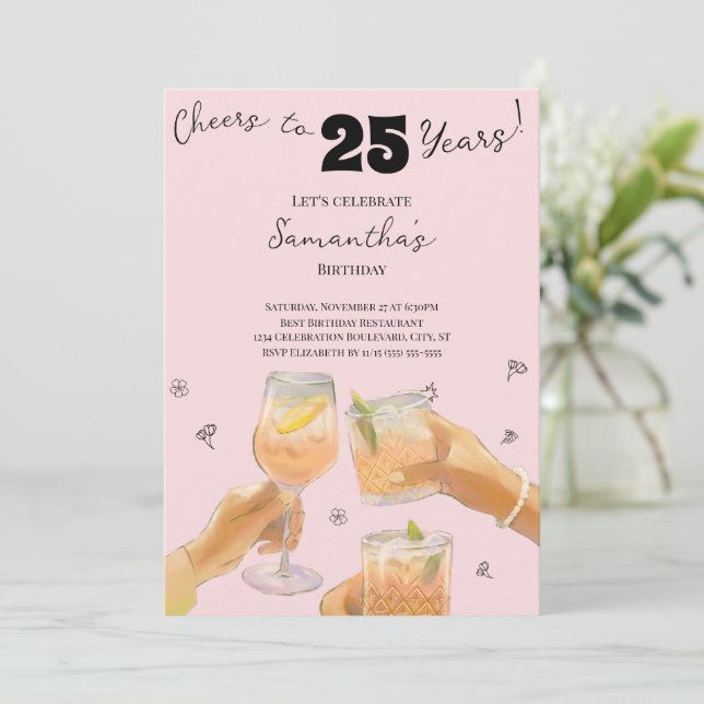 Modern Girly Cheers to 25 Years Birthday Party Invitation (Standing Front)