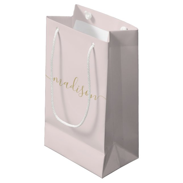 Modern Girly Chic Feminine Gold Script Blush Pink Small Gift Bag (Front Angled)