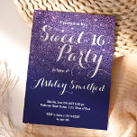 Modern girly chic navy blue glitter ombre Sweet 16 Invitation<br><div class="desc">A modern,  pretty faux navy blue purple glitter shower ombre with navy blue colour block Sweet 16 birthday party invitation with blue glitter ombre pattern fading onto a customisable blue background. Perfect for a princess Sweet sixteen,  perfect  for her,  the fashionista who loves modern pattern and glam</div>