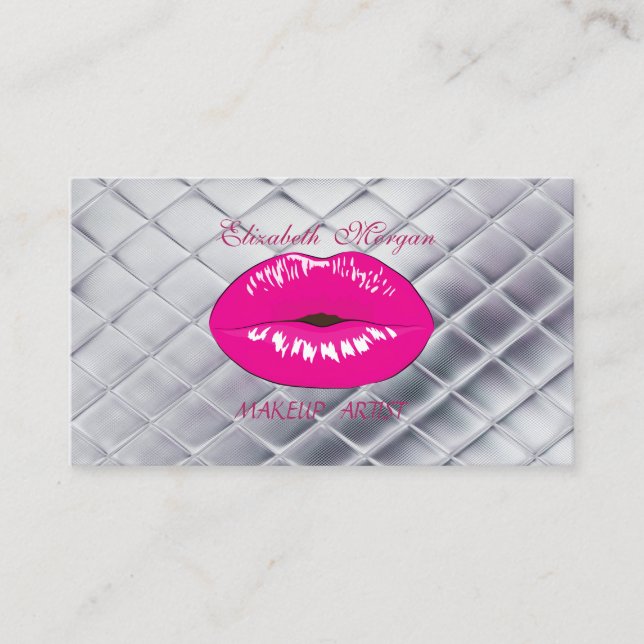Modern Girly Chic Silver, Pink Lips Business Card (Front)