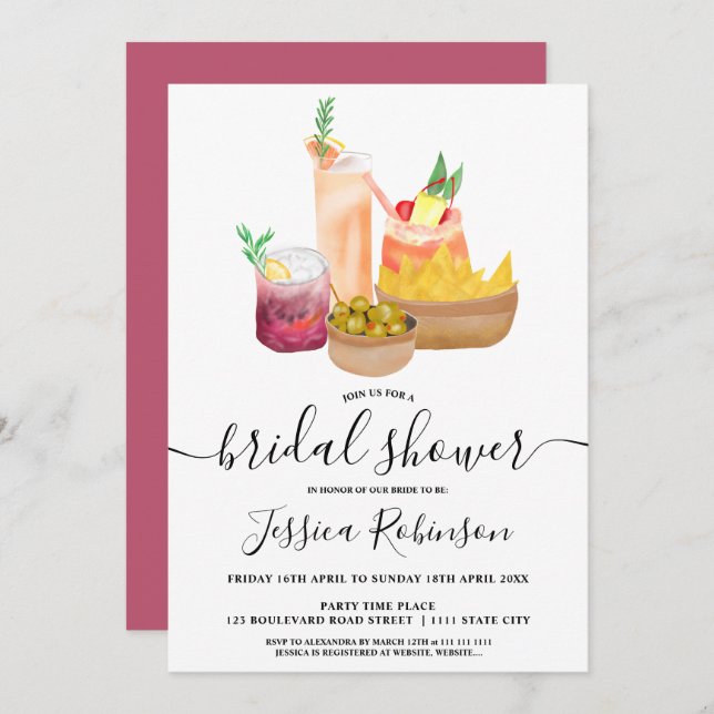 Modern girly cocktails watercolor bridal shower invitation (Front/Back)
