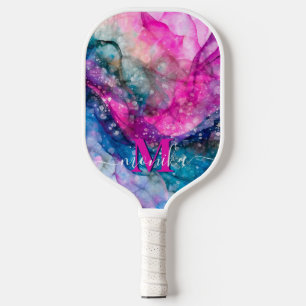 Modern Girly Colourful Marble Faux Glitter Monogra Pickleball Paddle