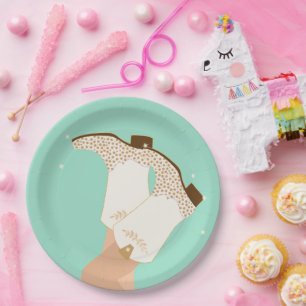 Modern Girly Cowgirl Boots Stars Mint Paper Plate