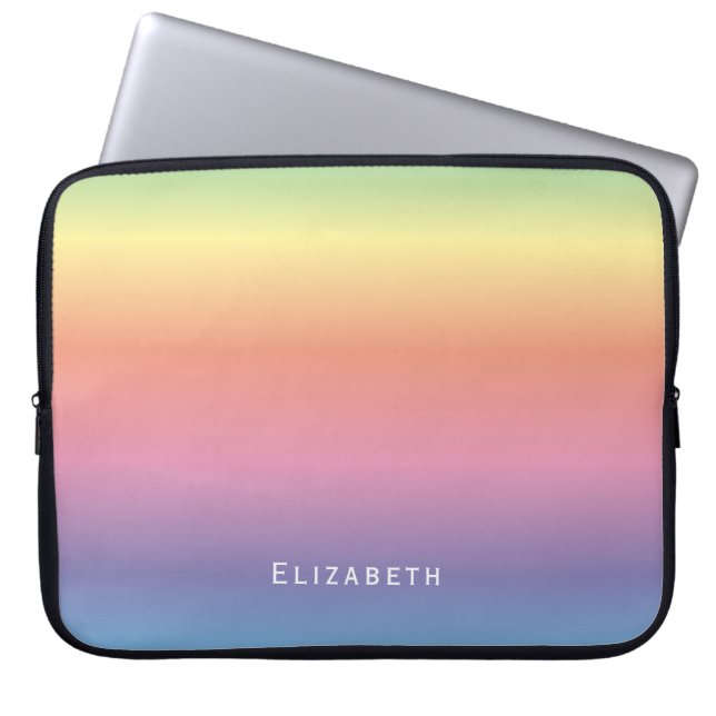 Modern Girly Cute Pastel Rainbow Ombre Custom Name Laptop Sleeve (Front)