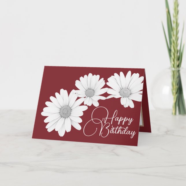 Modern Girly Daisies Floral Flowers Red Birthday Card (Front)
