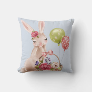 Modern Girly Easter Bunny Floral Balloon Basket Cushion