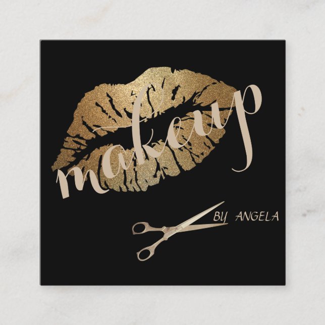 Modern Girly Elegant Glittery Lips,Scissors Square Business Card (Front)