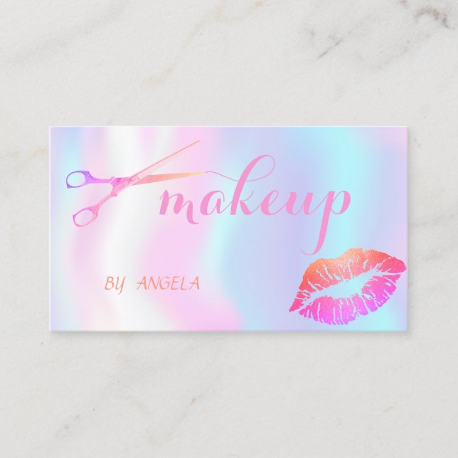 Modern Girly Elegant Lips,Scissors Holographic Business Card (Front)