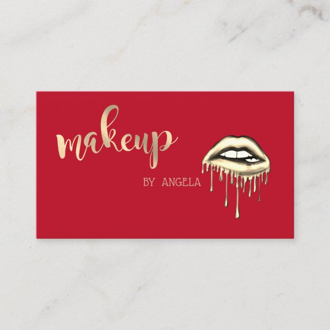Modern Girly Elegant Red, Metallic Dripping Lips Business Card (Front)