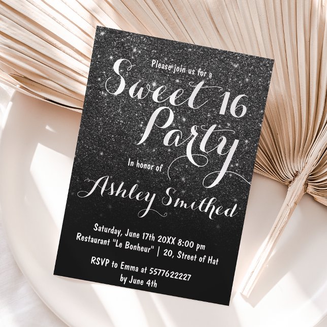 Modern girly faux black glitter ombre Sweet 16 Invitation (Creator Uploaded)