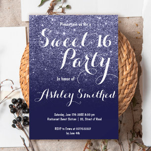 Modern girly faux navy blue glitter ombre Sweet 16 Invitation