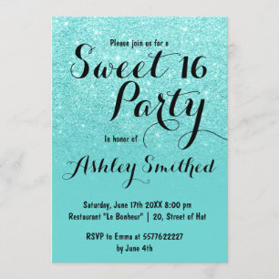 Modern girly faux teal glitter ombre Sweet 16 Invitation