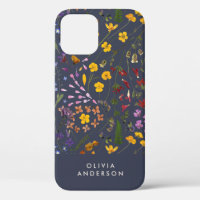 Modern girly floral colourful initial navy blue Ca