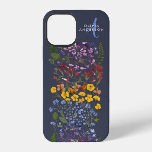 Modern girly floral colourful initial navy blue Ca iPhone 12 Case