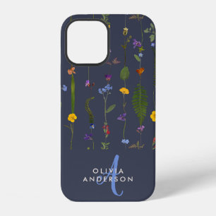 Modern girly floral colourful initial navy blue Ca iPhone 12 Case