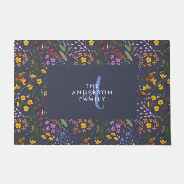 Modern girly floral colourful initial navy blue do doormat (Front)